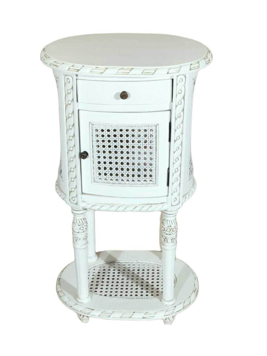 Alex French Round Bedside with Rattan