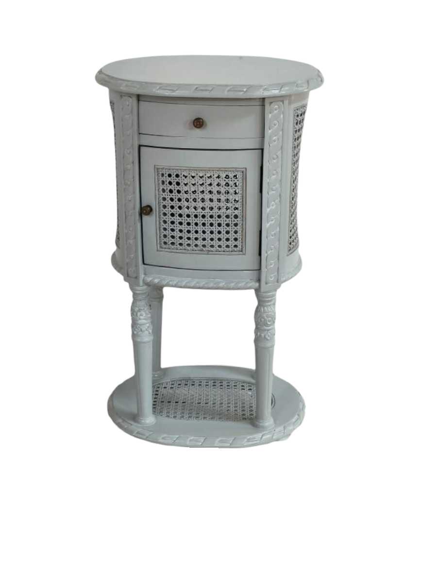 Alex French Round Bedside with Rattan