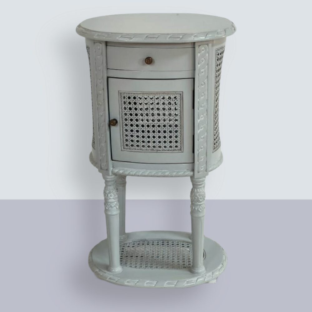 Alex French Round Bedside with Rattan