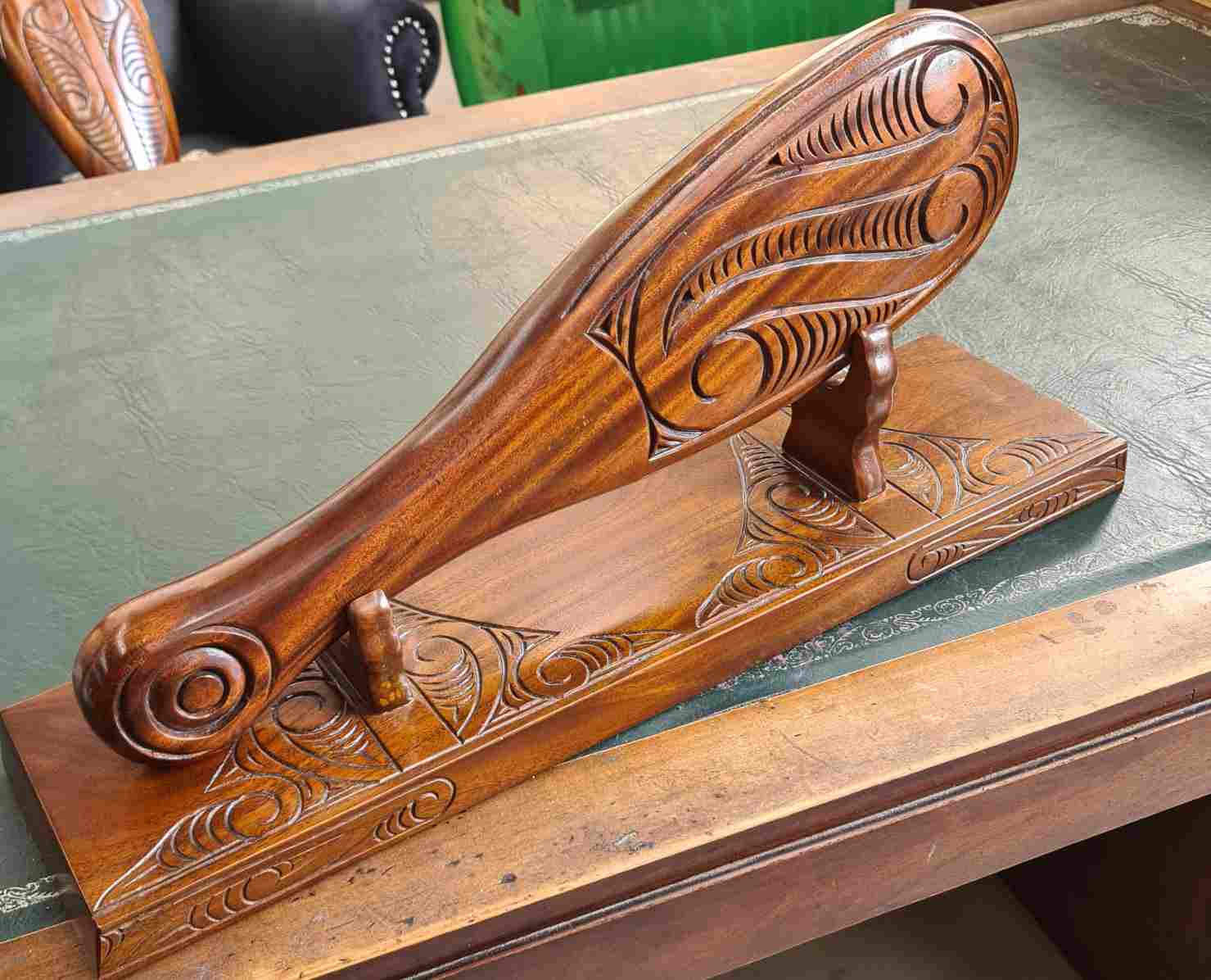 Aoraki wood carved Maori Patu on Stand