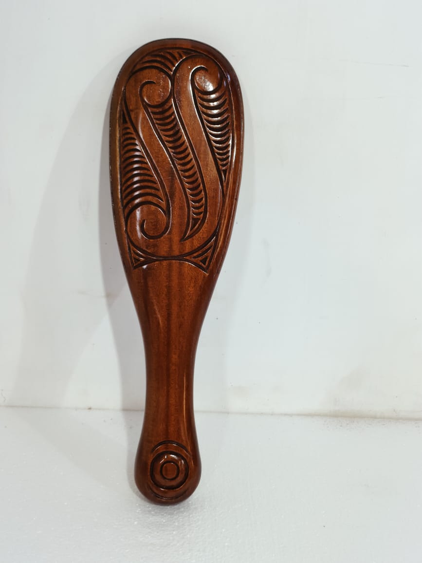 Aoraki wood carved Maori Patu on Stand