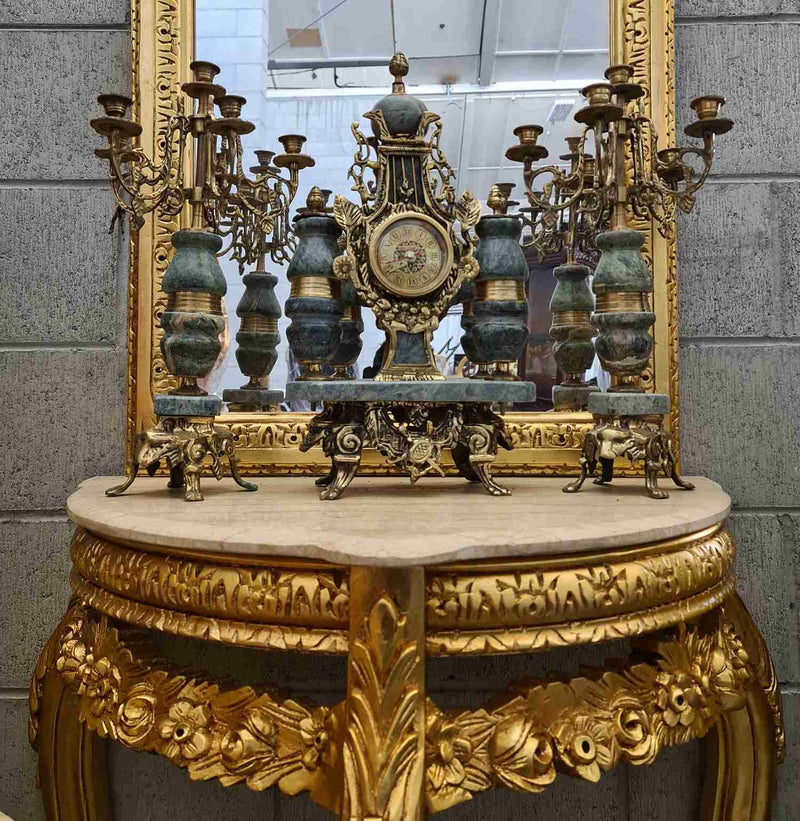 Green Marble & Brass Clock Garniture