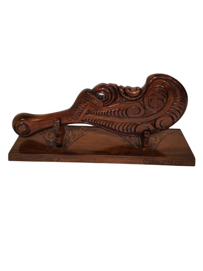 Kauri Wood carved Patu on stand