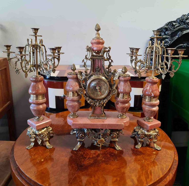 Italian Brass & Marble Clock Garniture